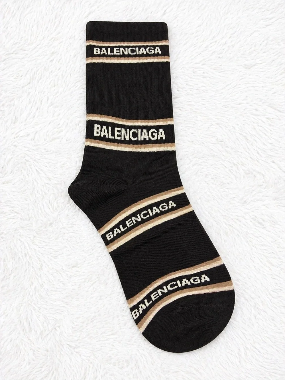 Balenciaga Black Crew Socks with Beige Logo Stripes